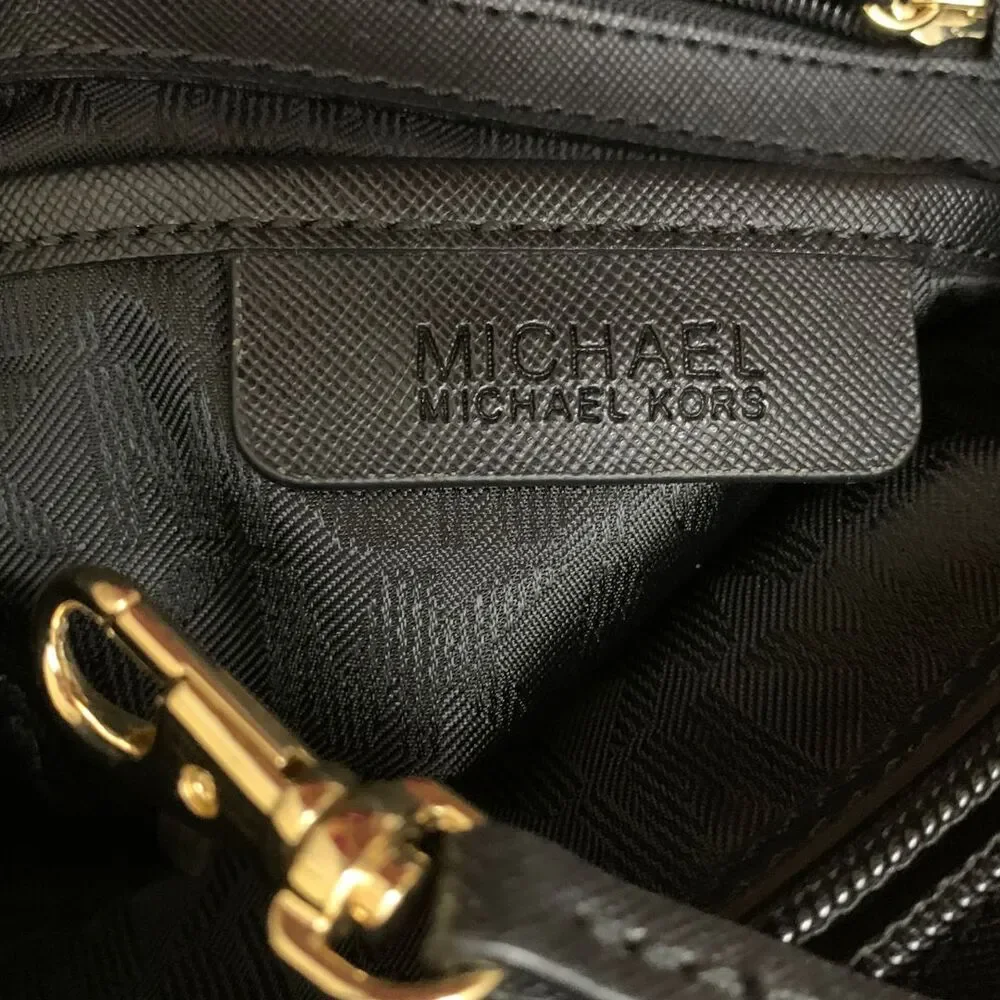 Michael Kors Black Saffiano Leather Tote Bag Gold Tone MK Charm Medium - Picture 11 of 13